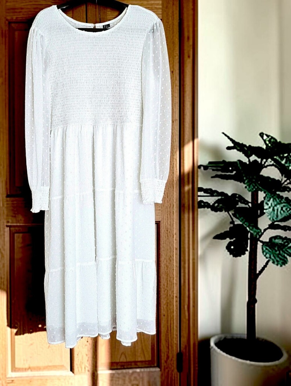 AnneBouti White Dotted Swiss Midi Dress Sheer Smocked Lined Long Sleeve Sz XL